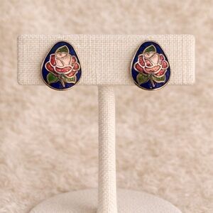 Vintage Cloisonné Rose Stud Earrings Blue Enamel Floral Teardrop Earrings